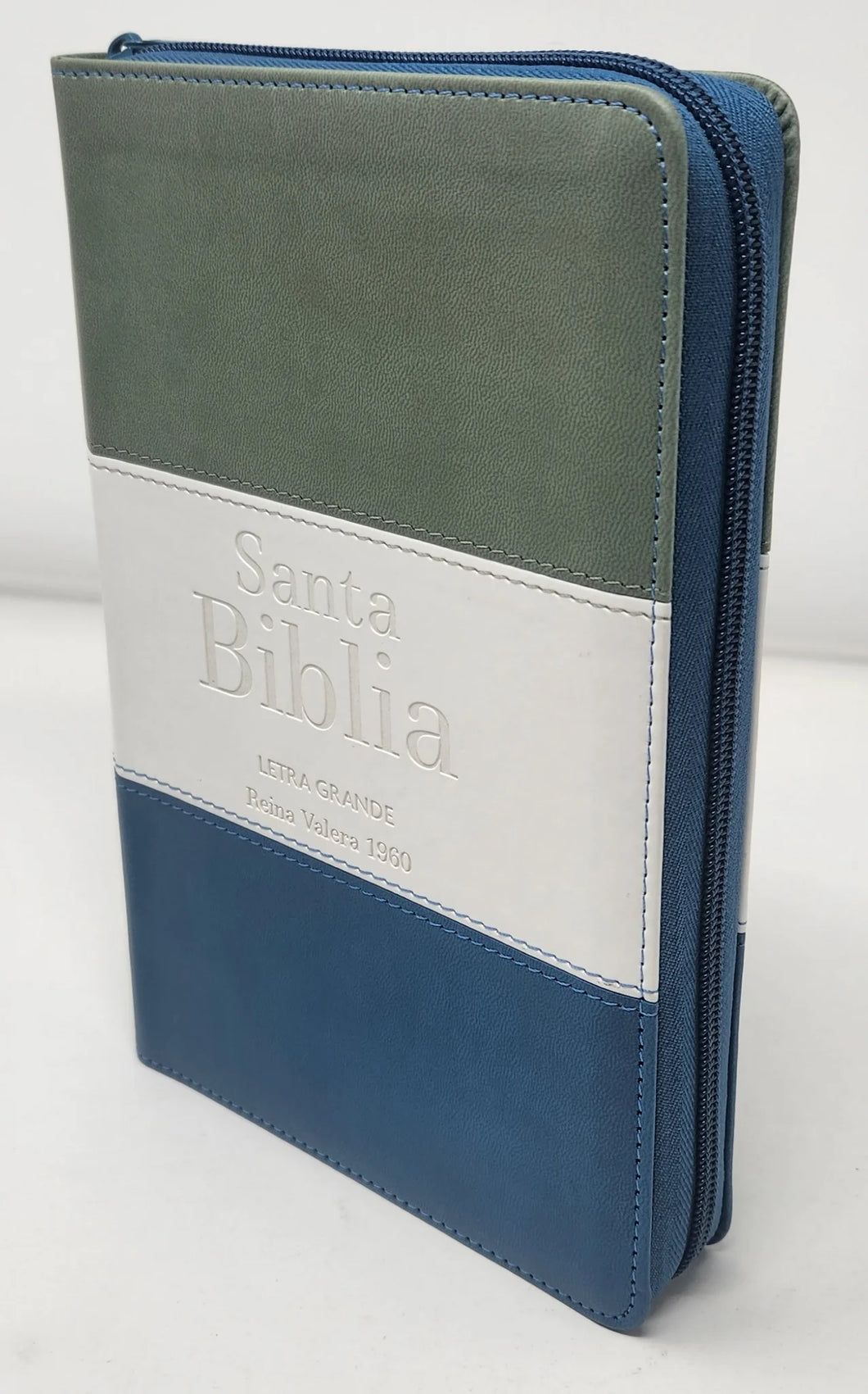 Biblia RVR 1960 Letra Grande Tamaño Manual Tricolor Gris Crema Azúl con Cierre con Índice