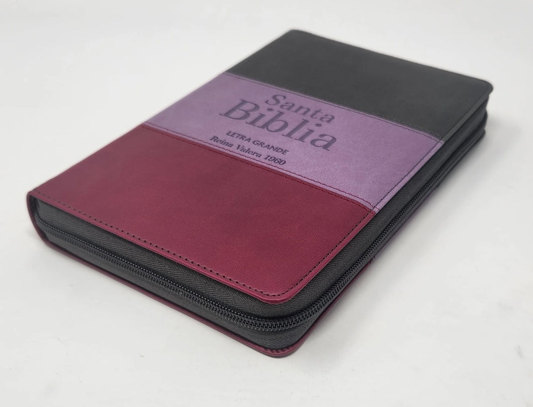 Biblia RVR 1960 Letra Grande Tamaño Manual Tricolor Marrón Lila Claro Violeta con Cierre con Índice