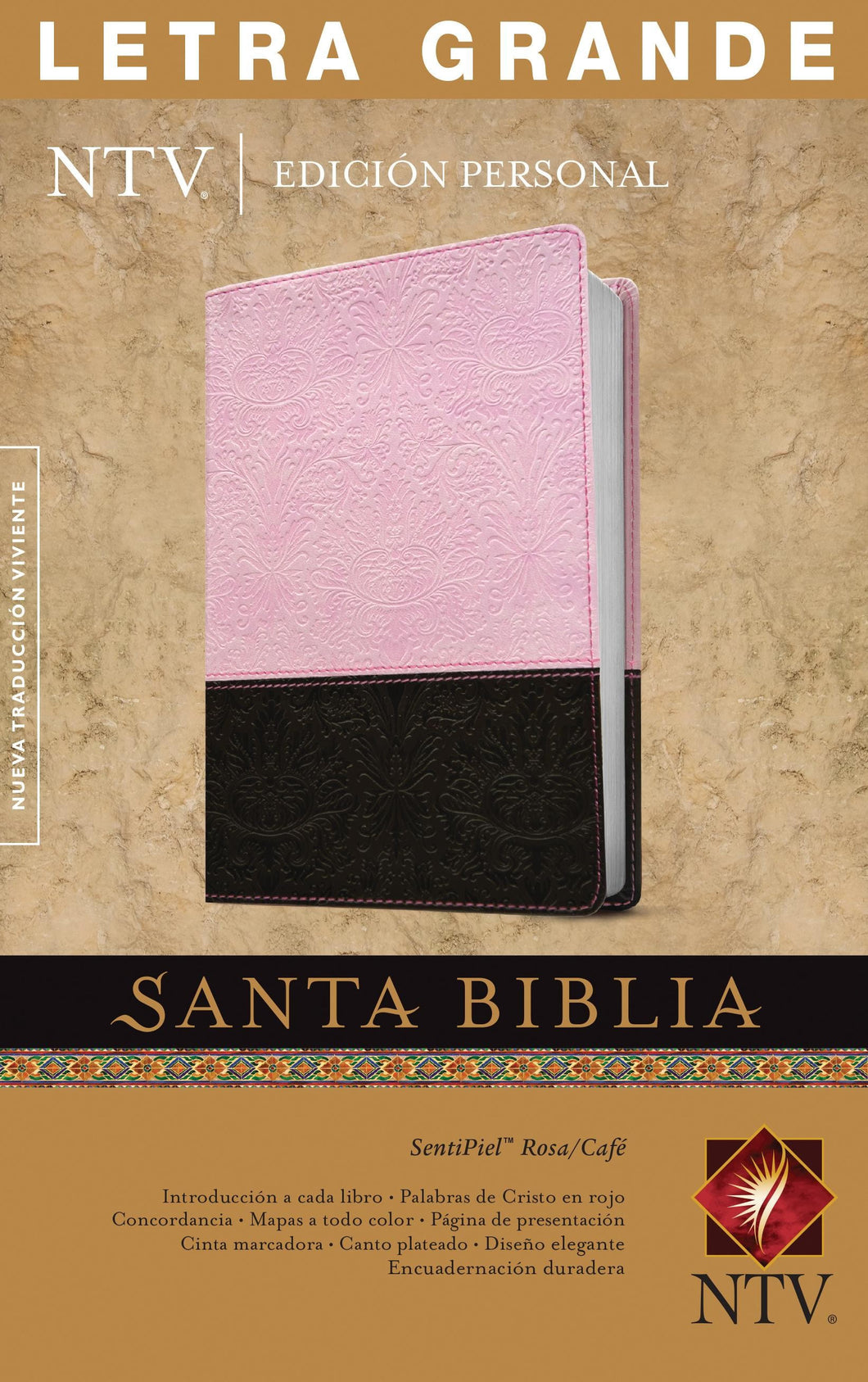 Biblia NTV Letra Grande Tamaño Personal Duotono Letra Roja Sentipiel Rosa Café